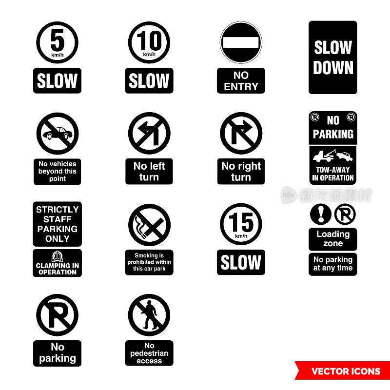 Car park prohibitory signs icon set of black and white types. Isolated vector sign symbols. Icon pack